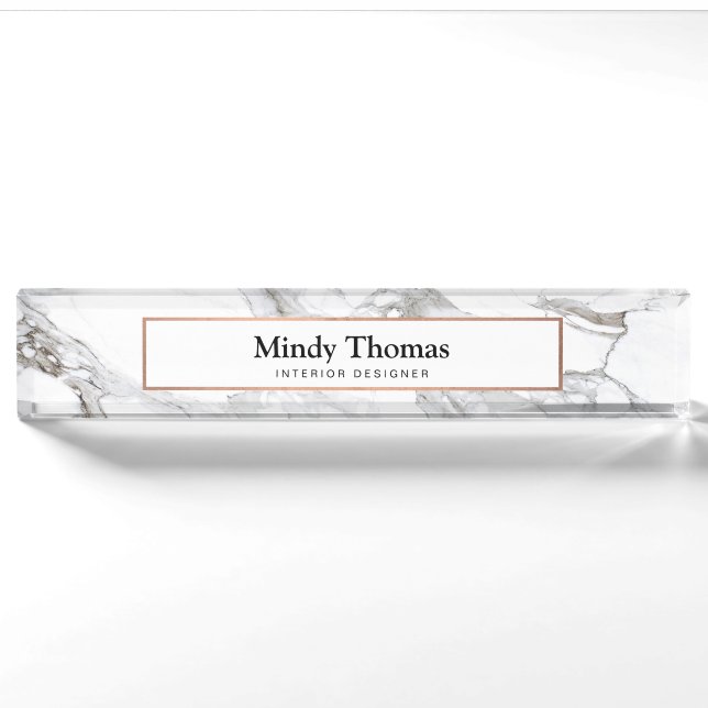 Porte-nom Marbre blanc moderne Faux Rose Gold Frame (Devant)