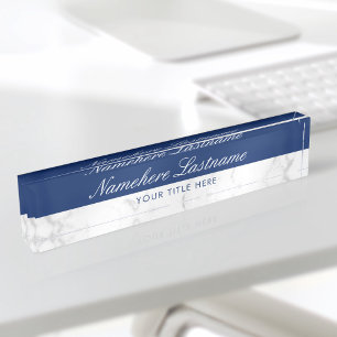 Porte-nom Marbre bleu blanc gris marine Élégant Script