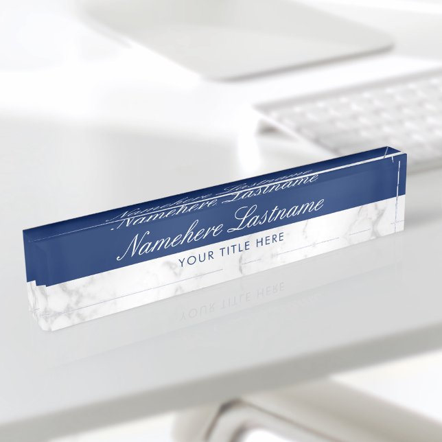 Porte-nom Marbre bleu blanc gris marine Élégant Script (Créateur téléchargé)