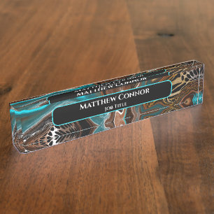 Porte-nom Marbre Brown et Bleu Classique Moderne Personnalis