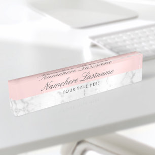 Porte-nom Marbre gris blanc rose pâle Élégant Script