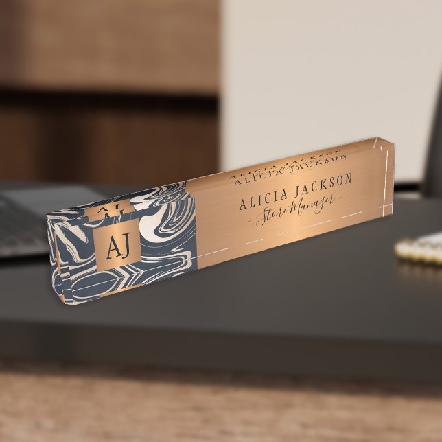 Porte-nom Marbre moderne abstrait motif or noir monogramme (Créateur téléchargé)