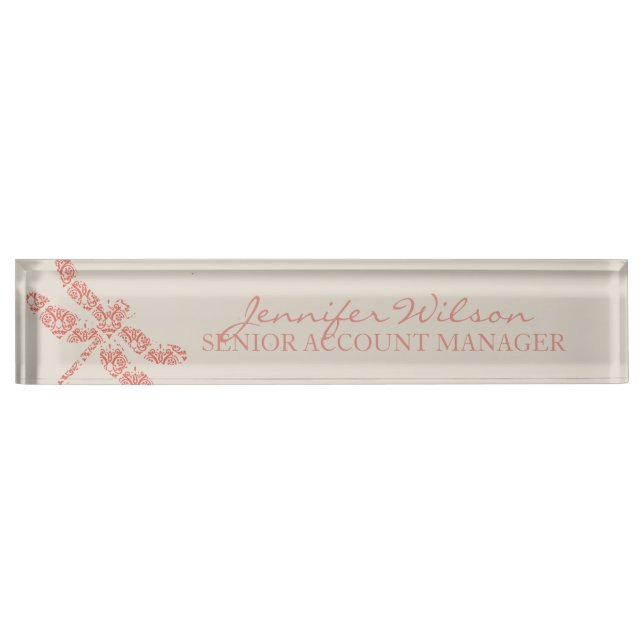 Porte-nom Mariage de libellules de corail Damask (Devant)