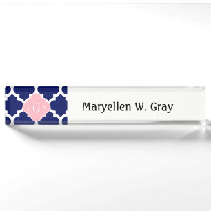 Porte-nom Marine Bleu Marocain #5 Rose 3 Monogramme initial
