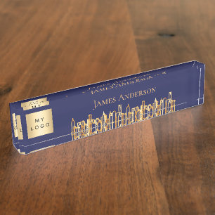 Porte-nom Marine bleu ville skyline logo commercial immobili