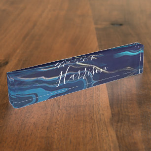 Porte-nom Marine Blue Agate Marbre Gold Nom et Monogramme