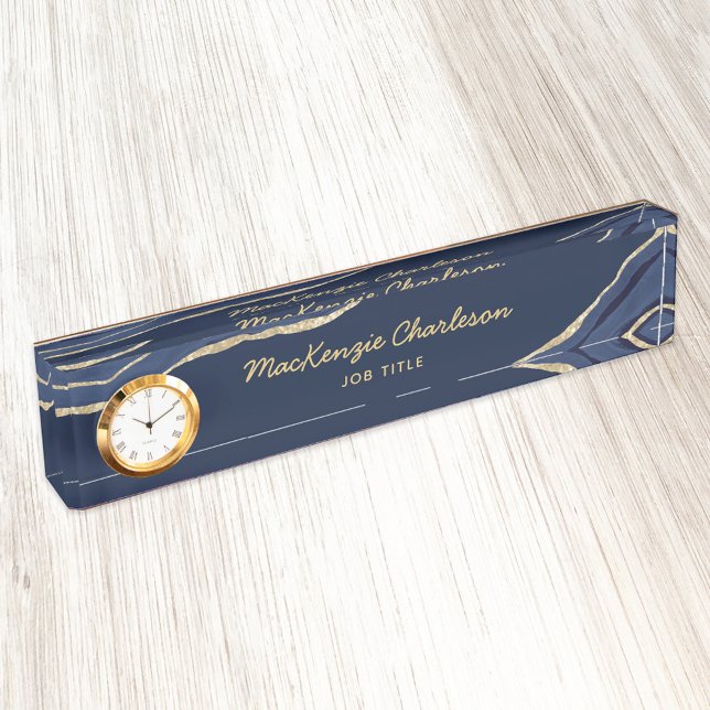 Porte-nom Marine Blue Marble Agate Gold Parties scintillant  (Blue marble agate custom script name job title desk name plate)