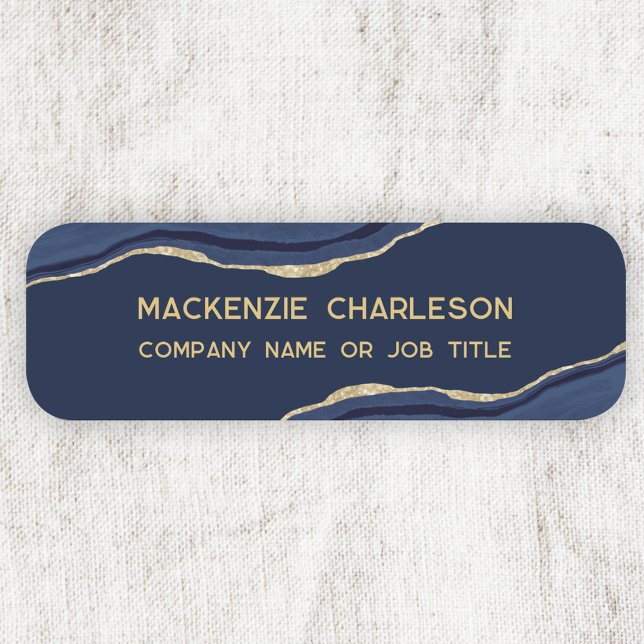 Porte-nom Marine Marbre bleu Agate Géode Or Parties scintill (Navy blue gold agate marble geode professional business name tag)
