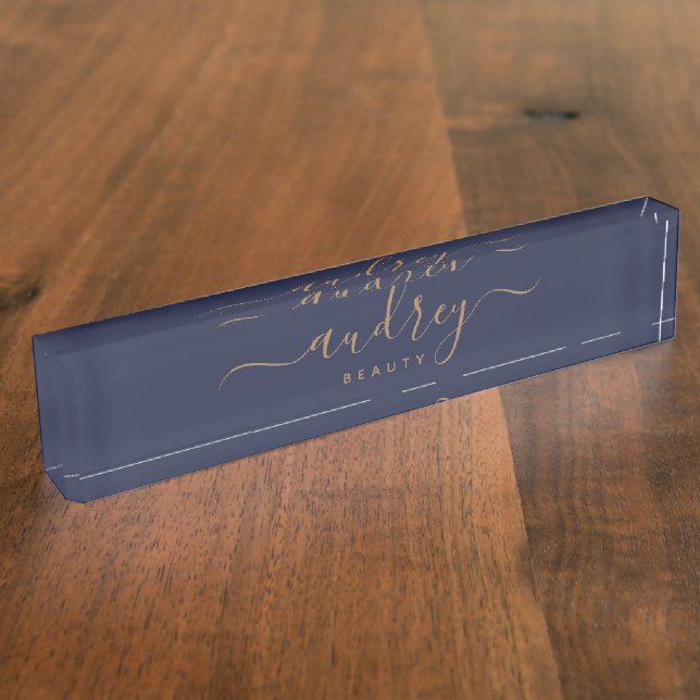 Porte-nom marine moderne bleu or Signature Monogramme (Taille)