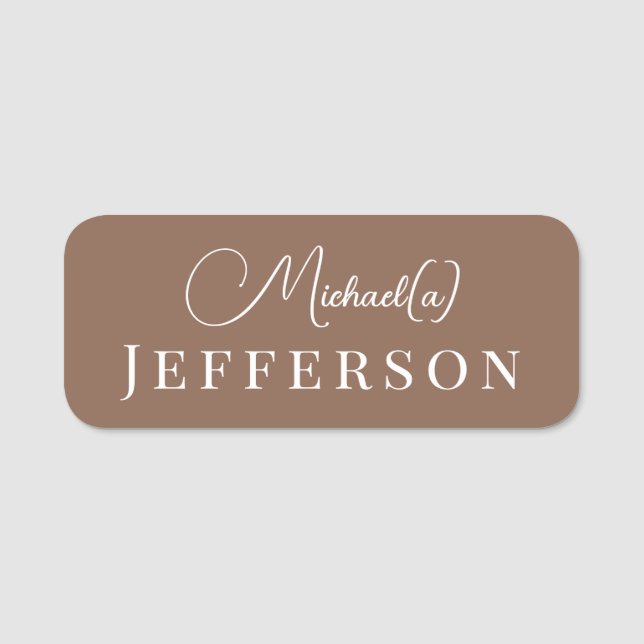 Porte-nom Marron Brun Clair Moderne Script Blanc (Devant)