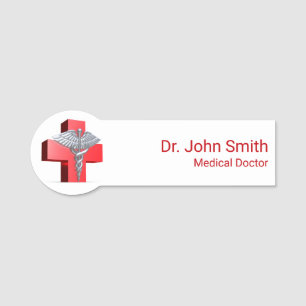 Porte-nom Médicale 3D Caduceus Croix Rouge Argent