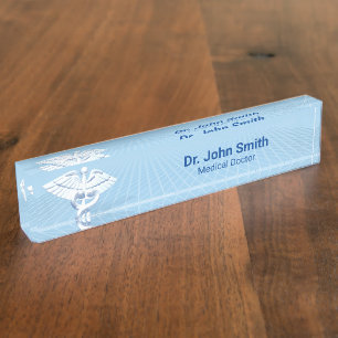 Porte-nom Médicale blanc 3D Caduceus Blue Design