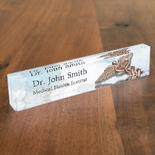 Porte-nom Médicale Caduceus Cuivre Luxe Rose Gold Marble