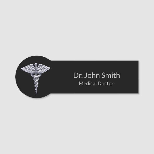 Porte-nom Médicale Silver Caduceus Classic sur Noir (Devant)