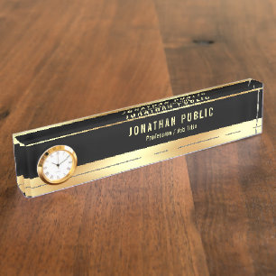 Porte-nom Modèle moderne Black Gold avec horloge