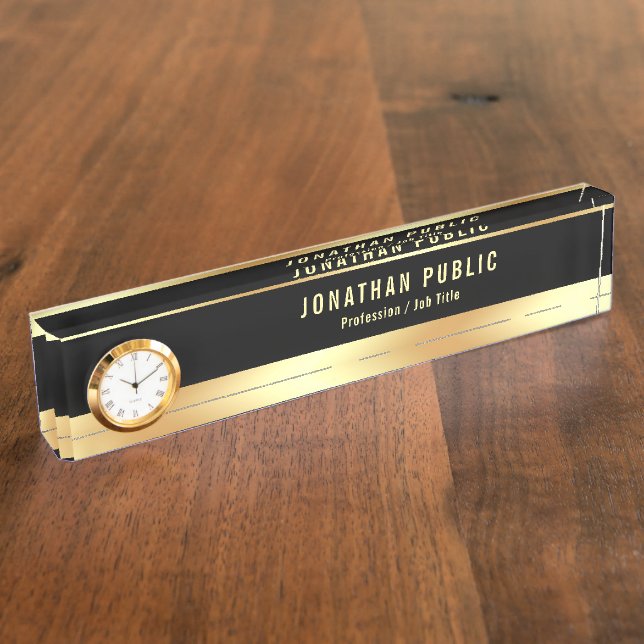Porte-nom Modèle moderne Black Gold avec horloge (Taille)