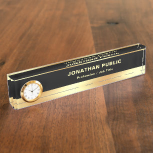Porte-nom Modèle Moderne Élégant Noir Et Or Avec Horloge