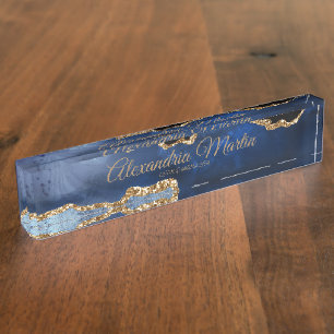 Porte-nom Moderne exécutif Navy Blue Gold Glitter Script