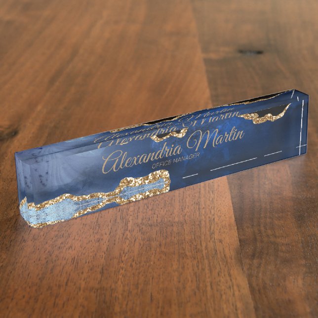 Porte-nom Moderne exécutif Navy Blue Gold Glitter Script (Taille)