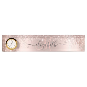 Porte-nom Moderne Monogramme Pailleté avec Gouttes de Rose D