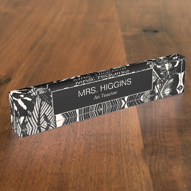 Porte-nom Moderne Tropical Black Cream Feuille Professeur su (Taille)