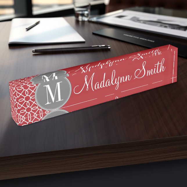 Porte-nom Monogramme de Motif géométrique rouge et gris (Personalized Name Plate for the Office, School or Home)