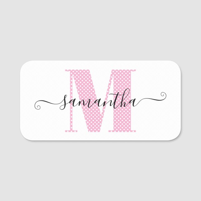 Porte-nom Monogramme de pois rose et blanc clair (Devant)
