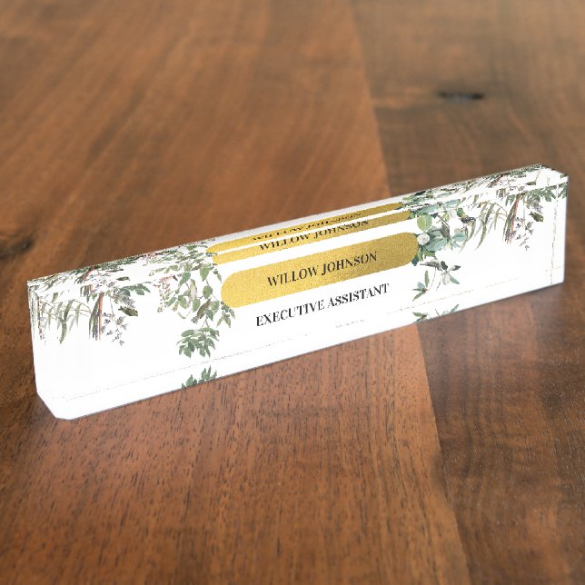 Porte-nom Monogramme d'or Elégant Eucalyptus Verdure & Oisea (Taille)