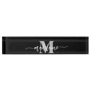 Porte-nom Monogramme Elegant Blanc noir personnel