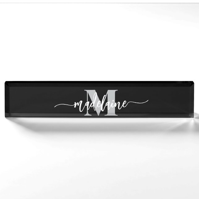 Porte-nom Monogramme Elegant Blanc noir personnel (Devant)