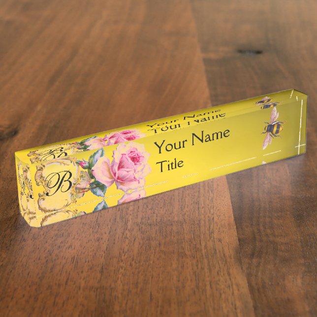 PORTE-NOM MONOGRAMME ÉLÉGANT D'APICULTEUR D'ABEILLE DE ROSE (Taille)