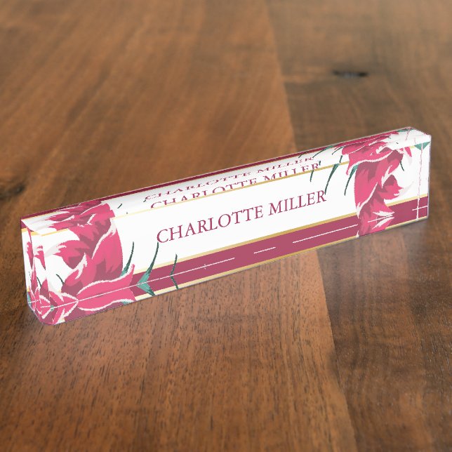 Porte-nom Monogramme floral bordeaux rayé (Taille)