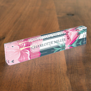 Porte-nom Monogramme floral d'été exotique rayé