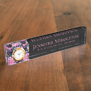 Porte-nom Monogramme floral Personnalisé rose noir 