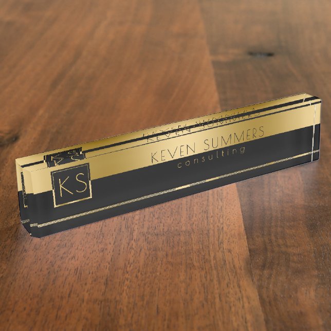 Porte-nom Monogramme Gold & Black Modern Design (Taille)