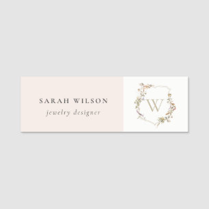 Porte-nom Monogramme initial de Fleur sauvage rose cendré