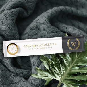 PORTE-NOM MONOGRAMME INITIAL DE LAUREL FLORAL NOIR