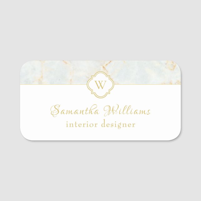 Porte-nom Monogramme Marbre Elegant Blanc Or Professionnel (Devant)