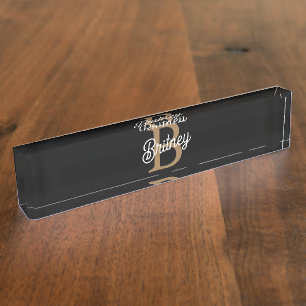 Porte-nom Monogramme moderne élégant Nom Black Gold Script