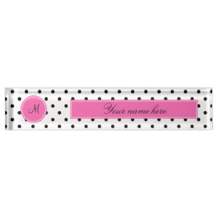 Porte-nom Monogramme noir et blanc Polka point avec rose cha