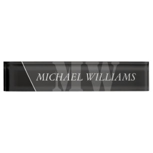 Porte-nom Monogramme noir gris artistique moderne