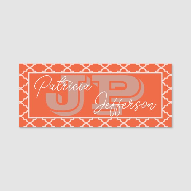 Porte-nom Monogramme Quatrefeuille Orange Mandarine Chic (Devant)