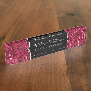 Porte-nom Monogramme rose foncé magenta faux scintillants