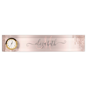 Porte-nom Monogramme Rose Gold à Gouttes Brillantes Modernes
