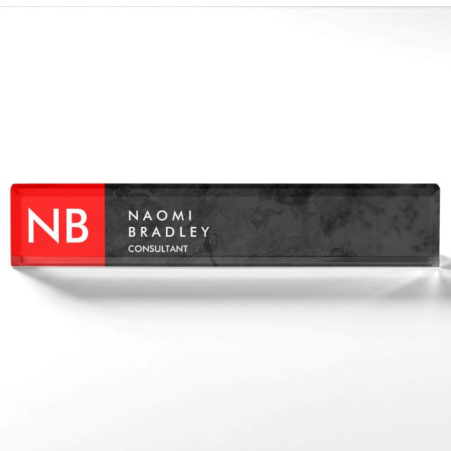 Porte-nom Monogramme rouge gris Motif moderne (Devant)