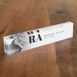 Porte-nom Montagnes d'aquarelle blanche noire Monogramme Abs