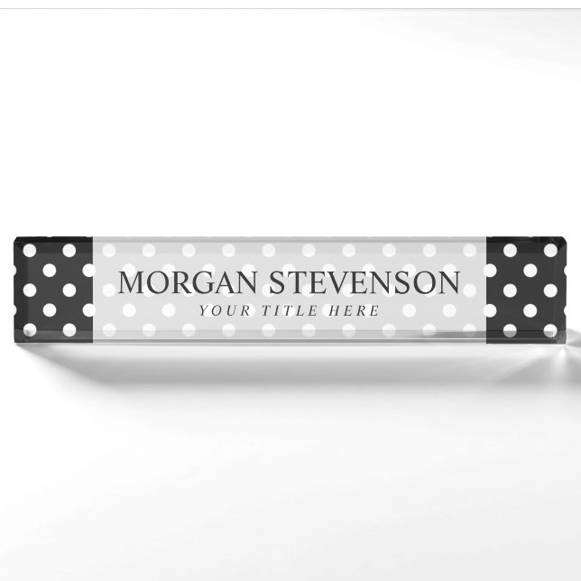 Porte-nom Motif à points Polka noirs et blancs (Devant)