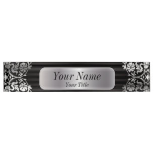 Porte-nom Motif Damas en gris argent et noir   Texte DO-IT-Y