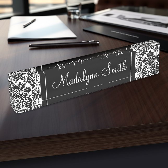 Porte-nom Motif Damas noir et blanc avec nom de script (Personalized Name Plate for the Office, School or Home)