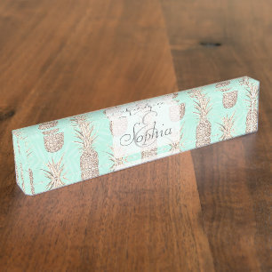 Porte-nom Motif d'ananas doré et à la menthe